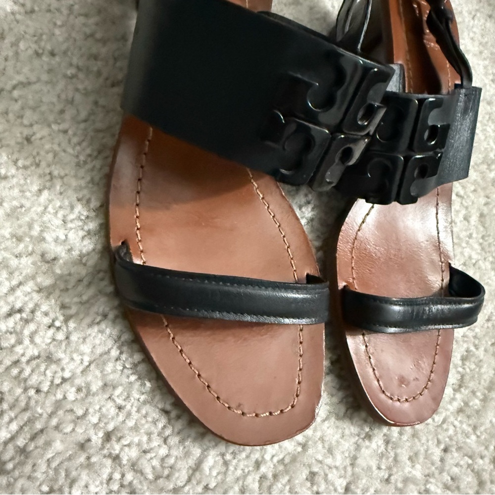 Tory Burch Black Lowell Napa Leather Block Heels Black Sz 7 Sandals. Excellent - Picture 14 of 14